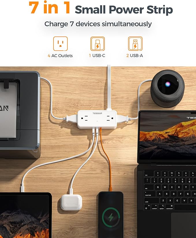 TESSAN White Extension Cord, Surge Protector Small Power Strip with 3 USB Ports (1 USB C), 900J Protection, 5 FT Flat Plug Power Strip, Mini Charging Station Suitable for Home Office Dorm