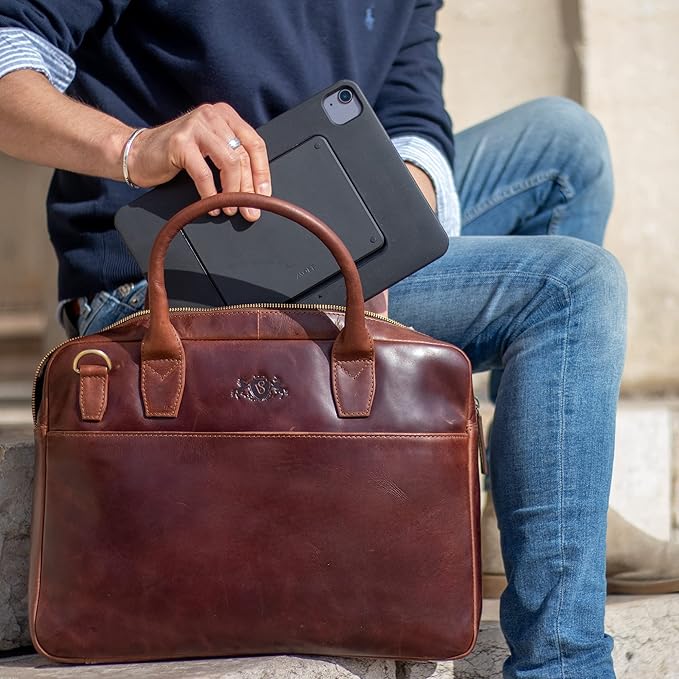 SID & VAIN laptop bag BOSTON Large business office work bag laptop case real leather briefcase leather bag Unisex brown