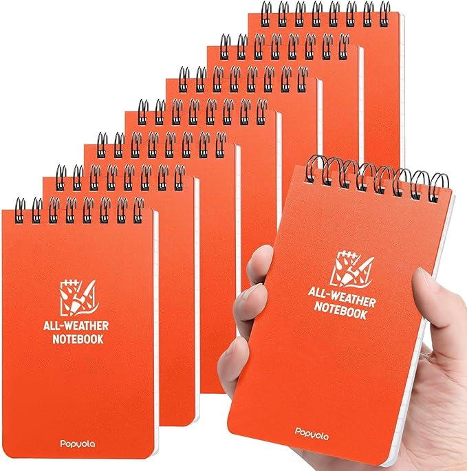 POPYOLA 8 Pack Waterproof Pocket Notebook, 3x5 Pocket Notepad, All Weather Mini Spiral Notepad, Write in the Rain Police Notepad with 100 Squared Pages for Outdoor Home Office School, Orange