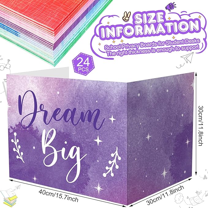Honoson 24 Pcs Bulk Inspirational Privacy Folders for Students Cardboard Test Privacy Boards Motivational Words Desk Dividers Shield for Classroom School Study Supplies, 6 Styles(Watercolor)
