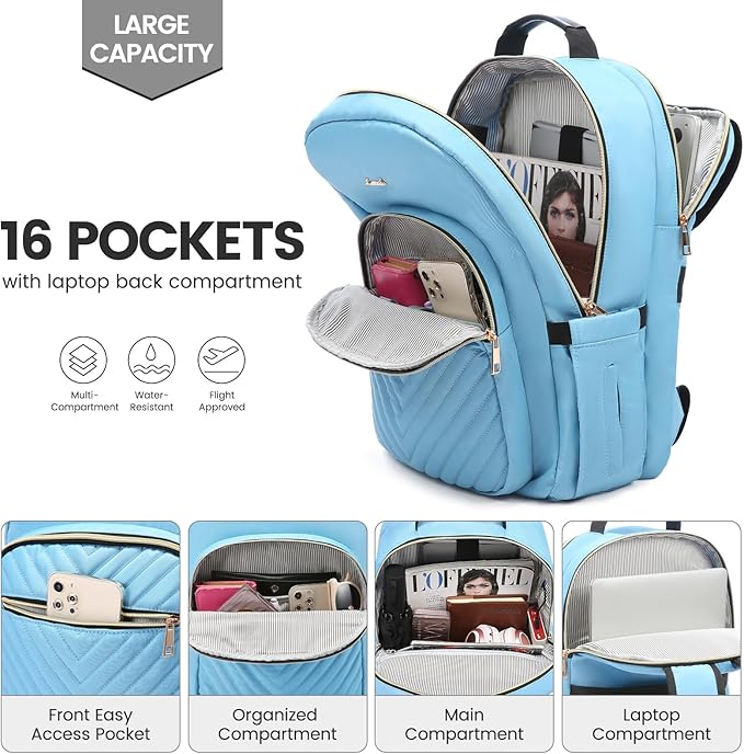 LOVEVOOK Laptop Backpack for Women 17.3 inch,Cute Womens Travel Backpack Purse,Professional Laptop Computer Bag,Waterproof Work Business College Teacher Bags Carry on Backpack with USB Port,Angel Blue