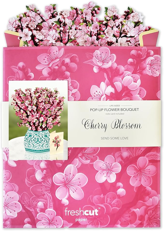 Freshcut Paper Pop Up Cards, Cherry Blossoms 12 inch Paper Flower Bouquet Greeting Cards with Blank Note Card & Envelope, Birthday Gifts for Women