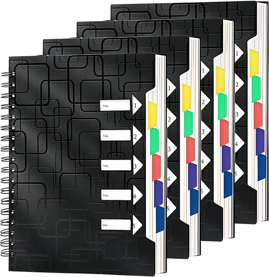CAGIE 5 Subject Spiral Notebooks Set of 4, 240 Pages Notebook for Work with Dividers Tabs, A5 Small Notebook School Office Supplies, College Ruled (Black)