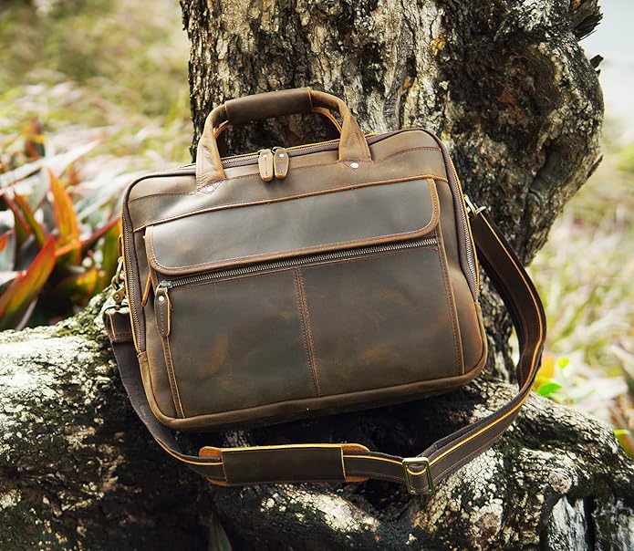Polare Modern Attaché Style 15.7" Full Grain Italian Leather Laptop Business Briefcase for Men