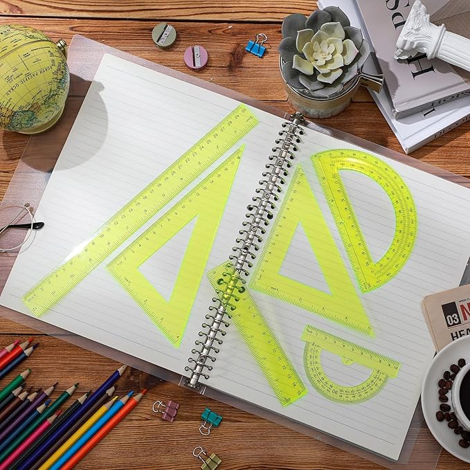 Tenare 6 Pcs Plastic Ruler Math Set Includes 12 Inch 6 Inch Straight Ruler Protractor Triangle Rulers Geometry Transparent Math Ruler Measuring Tools for School Office Home(Yellow)