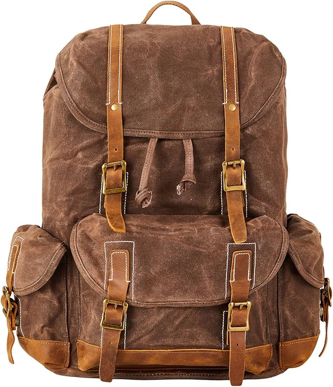 Backpack for Men Heavy Duty Waxed Canvas Vintage Women Trim Casual 15.6" laptop Travel Backpack-Coffee