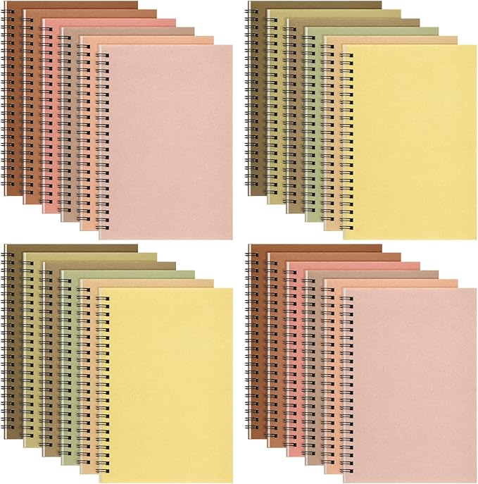 Fuutreo 24 Pcs Spiral Notebook for Work A5 8.3 x 5.7 Inch College Ruled Spiral Journal Notebook Kraft Cover, 12 Color, 60 Sheets, 120 Pages for Office School Supplies(Nuts Color)