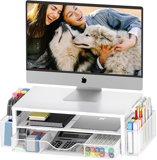Desk Organizers and Accessories, 2-Tier Computer Monitor Stand for Desk Organizer with Drawer and 2 Pen Holders, Office Desk Accessories Workspace Desktop Organizers for Office Supplies, White