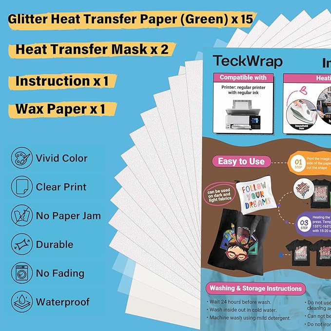 TECKWRAP Printable Heat Transfer Paper for T-Shirts 15 Sheets, 8.3" X 11.7" Printable Heat Transfer Vinyl for Inkjet Printer, Iron on Transfer Paper for Light Fabric (Glitter Green)