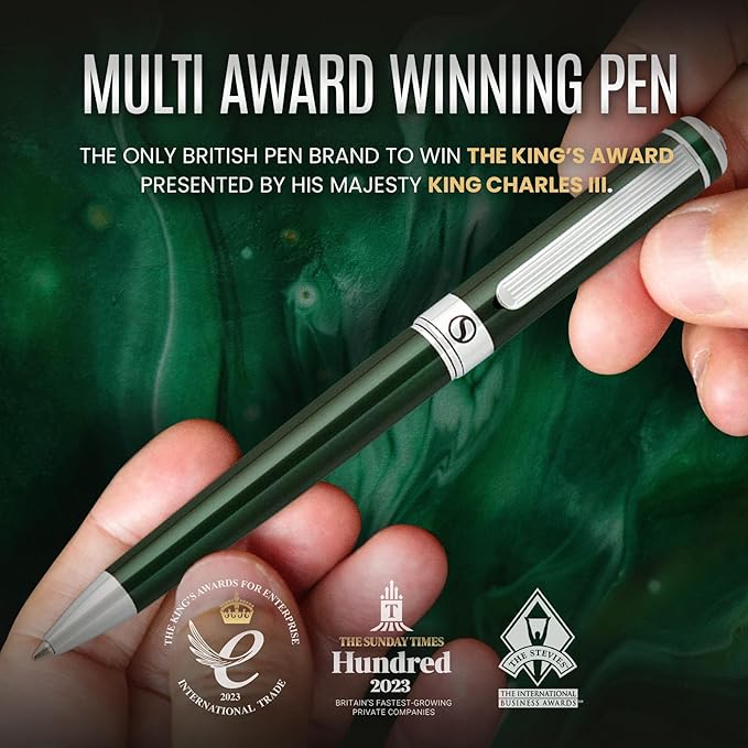 Scriveiner Personalized British Racing Green Pen - Stunning Green Lacquer Luxury Pen with Chrome Finish, Schmidt Ink Refill, Best Engraved Ball Point Gift Set for Men & Women, Custom Name Engraving