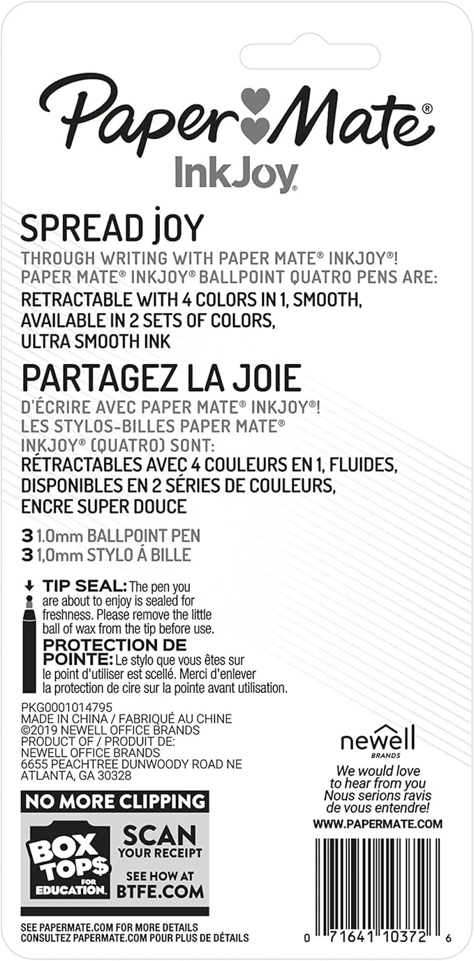 Paper Mate InkJoy Quatro Retractable Ballpoint Pens, Medium Point, Assorted Colors, 3 Pack