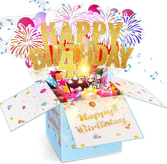 Tnvee 4TH Birthday Cards with Lights Music, 3D Pop Up Singing Happy Birthday Greeting Cards Gifts Ideal for 4 Year Old Kids Boy Girl