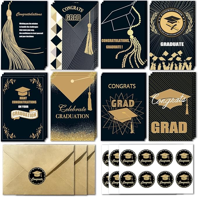 Graduation Cards, Graduation Cards 2024 with Envelopes and Gold Foil, 24 Pack Bulk Graduation Greeting Cards, Grad Gift Card for College & High School Graduation Party Decoration