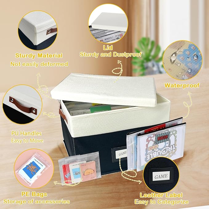 Board Game Storage, Board Game Organizer with 12pcs Zipper Bags and Writable Stickers, Board Game Organizers Storage with Lid for Office Supplies,Puzzles,Video Game,Craft Product (Black, 2-Pack Large)