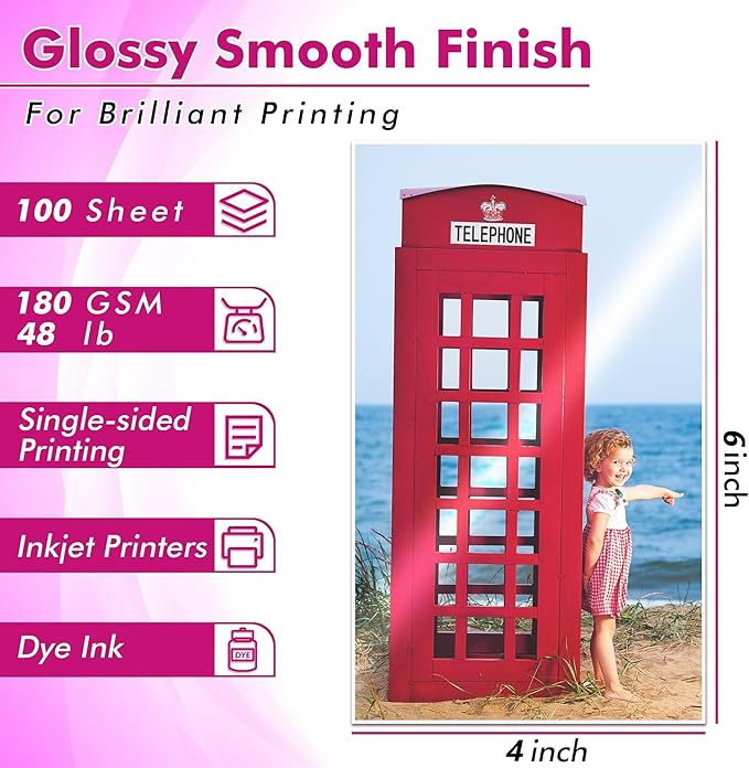 Koala Glossy Inkjet Photo Paper 4X6 Inches 48lb 100 Sheets Professional Glossy Photographic Paper Compatible with Inkjet Printer Use DYE INK 180GSM