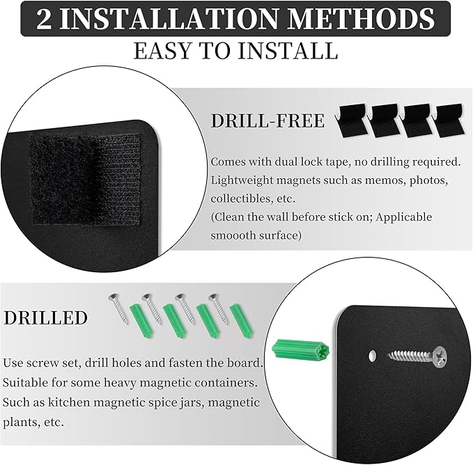 2 Pack Magnetic Board Black, 17" x 12" Metal Bulletin Board for Wall to Display Magnetic Notes, Stickers, Photos, Suits for Wall, Cabinet, with Dual Lock Tape and Screws for Easy Hanging