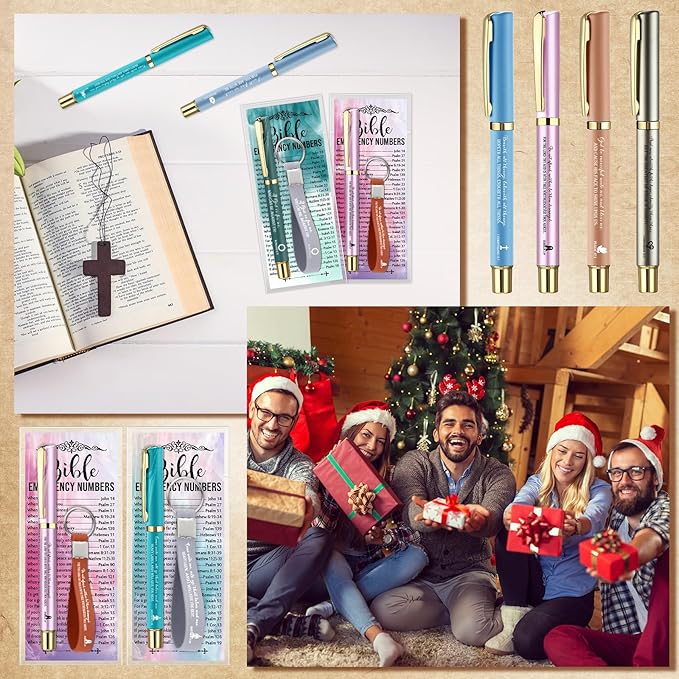 25 Sets Christmas Christian Church Gifts Bulk Bible Verse Plastic Gel Pen Religious Silicone Keychains Scripture Bookmark 2''x 6'' Emergency Numbers Bible Bookmarks Gift Pastor(Colorful)