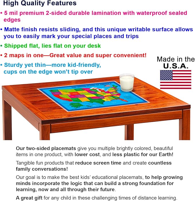 2-Sided Desk Map with Durable Lamination (2 Children's Desk Maps: One US/US Centered World Map; One US/Europe Centered World Map)