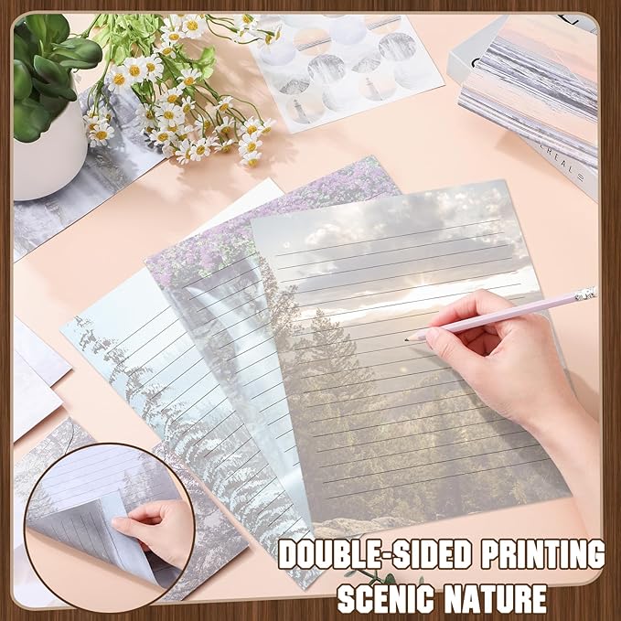 TaoBary 160 Packs Stationery Paper Set (50 Double Sided Stationery Writing Papers 50 Matching Envelopes) 60 Round Dot Sticker, 10 Design (8.5 x 11 Inch,Natural Scenery)