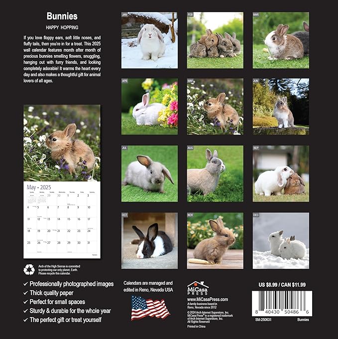 MICASA Bunnies Mini 2025 Wall Calendar 12 Month | 7" x 14" Open | Thick & Sturdy Paper | Giftable | Calendar 2025