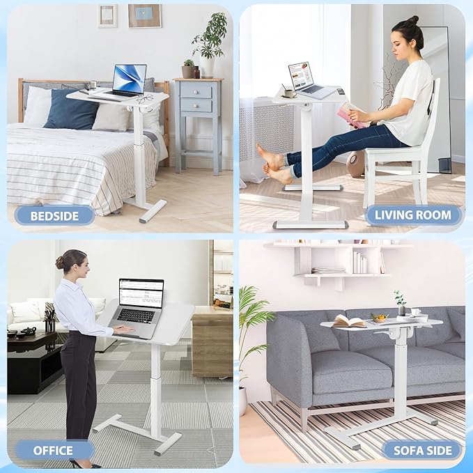 Mobile Standing Desk Adjustable Height, Sit Stand Foldable Desk with Wheels, 90° Tiltable Overbed Bedside Table, Portable Rolling Laptop Desk for Home, Office, School (White)