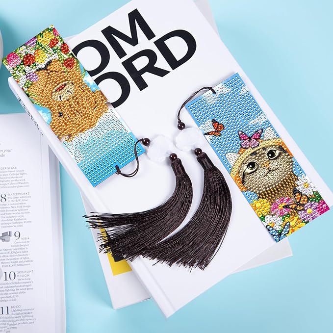 Anseal 3 Pcs Diamond Art Bookmarks for Book Lovers, Spring Summer PU Leather Aanimal Print Diamond Crafts Bookmarks for Women Girls, Tassel Beaded Book Mark for Graduation Birthday Reading Present