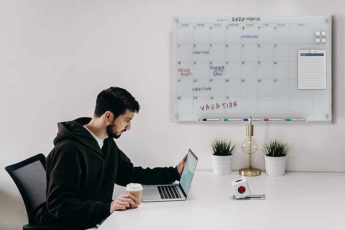 Audio-Visual Direct Magnetic White Calendar Glass Dry-Erase Board Set - 4' x 3' - Includes Magnets, Hardware & Marker Tray