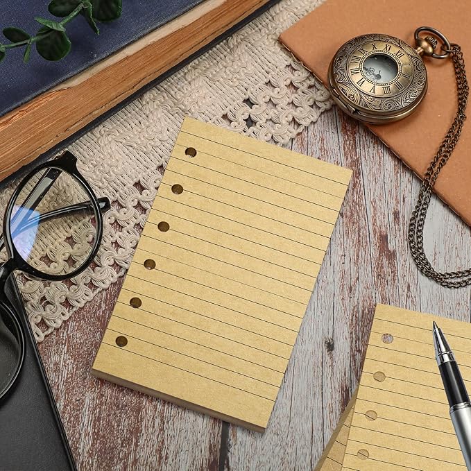 Ireer 200 Sheets Blank Lined Paper Refill for 3 x 5 Binders 6 Ring Memo Refill Paper Mini Ruled Filler Paper Books Planner Inserts Blank Lined Paper for Binder (Kraft)