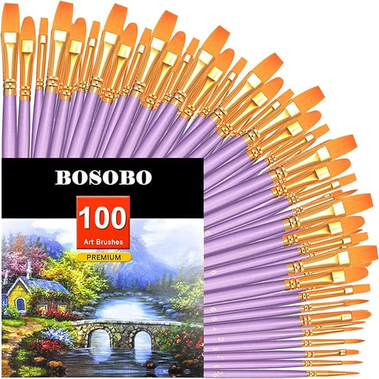 BOSOBO Paint Brushes Set, 10 Pack 100 Pcs Round Pointed Tip Paintbrushes Nylon Hair Artist Acrylic Paint Brushes for Acrylic Oil Watercolor, Face Nail Art, Miniature Detailing & Rock Painting, Purple