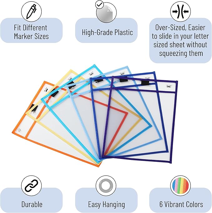 Mr. Pen- Dry Erase Pocket Sleeves, 10"x14", 6 pcs, Colorful Dry Erase Sleeves, Plastic Sleeves for Paper 8.5x11, Dry Erase Pockets Reusable Sleeves, Plastic Paper Sleeves, Dry Erase Sheet Protectors