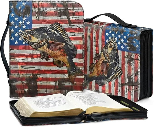 Lotusorchid Bass Fish Print Bible Cover Case, Zippered Bible Carrying Case for Women Girls, American Flag Bible Tote Bag Sturdy Bible Book Cover for Bible Study, Christian Bible Accessories, M