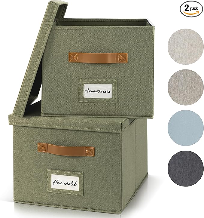 ZICOTO Decorative File Organizer Box Set of 2 - Collapsible Linen Filing Cabinets w/Handles Are Perfect to Store all Your Documents & Hanging File Folders - Portable Easy Slide Crates with Lid