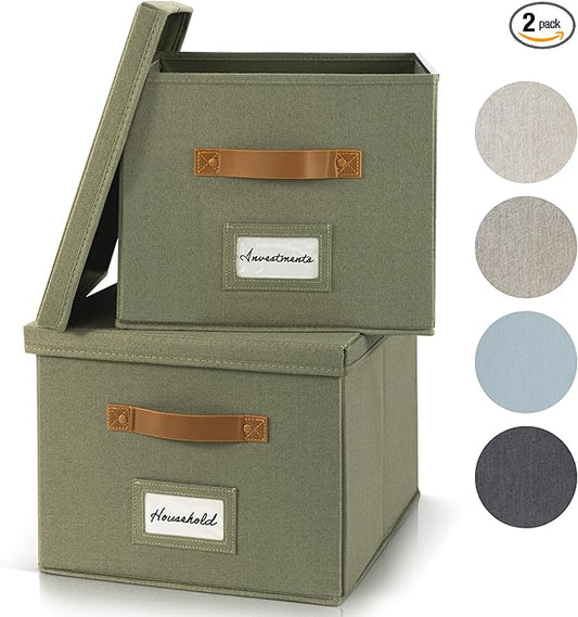 ZICOTO Decorative File Organizer Box Set of 2 - Collapsible Linen Filing Cabinets w/Handles Are Perfect to Store all Your Documents & Hanging File Folders - Portable Easy Slide Crates with Lid
