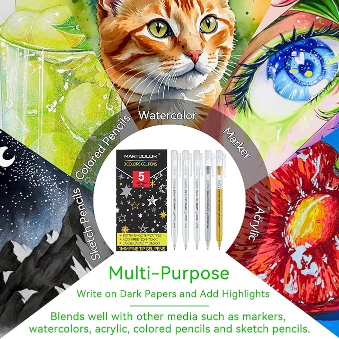 Gold Silver White Gel Pens, 5 Pack, 1 mm Extra Fine Point 3 Colors Gel Ink Pens Set, Opaque White Archival Ink Pens for Black Paper Drawing, Sketching, Illustration, Card Making