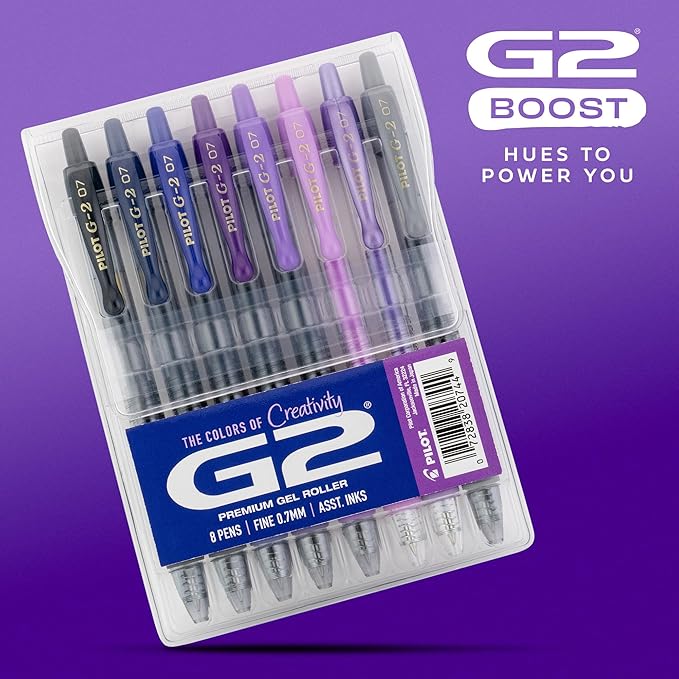 PILOT, G2 Premium Gel Roller Pens, G2 Boost Purples Pack, The Colors of Creativity, 8 Pack Pouch, Fine Point 0.7 mm, Assorted