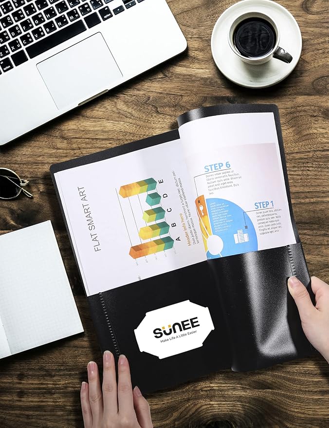 SUNEE 2 Pocket Folders (12 Pack, Black) Heavy-Duty Plastic Folders with Pockets, Fit 8.5x11 Letter Size Paper, 2-Pocket File Folders for Kids, Home, School, Office