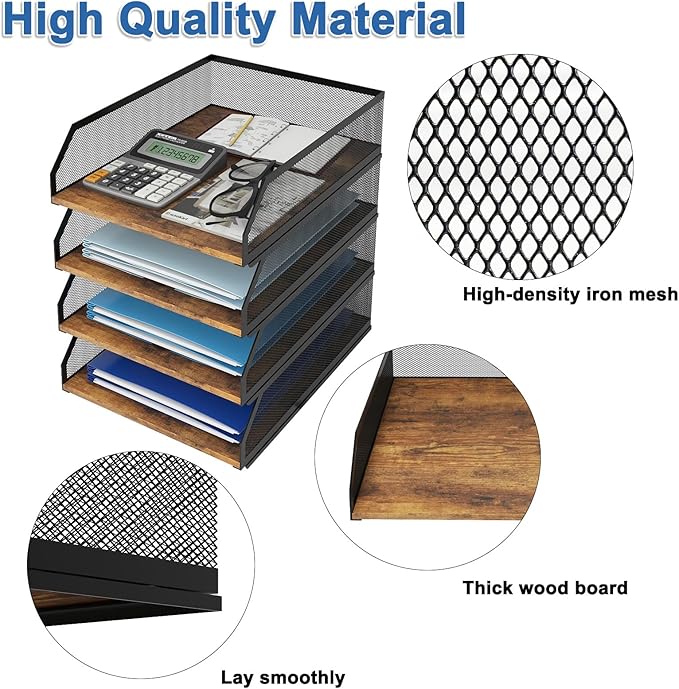 Natwind 4-Tier Stackable Paper Tray, Metal Mesh Desktop Organizer, Wood Board Paper Sorter, Letter Trays,File Document Storage Rack for for Home, Office, School (Retro)