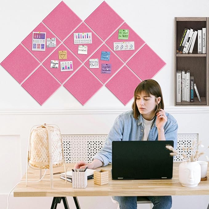 DOLLAR BOSS Large Cork Board for Wall 48" x 36" x 0.5" Bulletin Board 12 Packs Black Cork Board Tiles Self Adhesive Felt Wall Tiles with Pushpins, Corkboard for Office Pin Board Tack Board, Pink