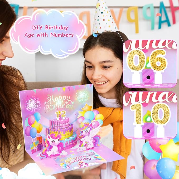Pop Up Birthday Card with Light & Music, Unicorn 3D Birthday Card, Fireworks Birthday Card for Women Kids Girls Daughter, 3D Cake Greeting Crad with Blowable Candle Sticker DIY Numbers