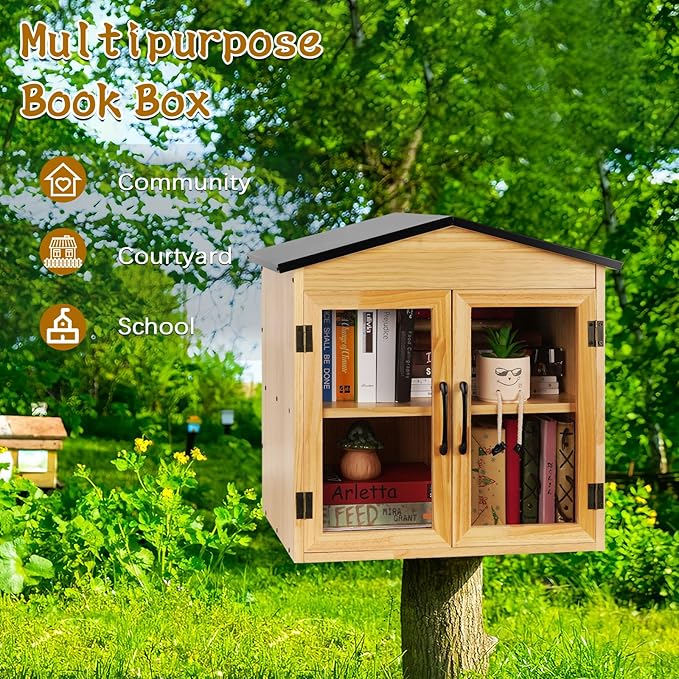 Outdoor Library Box Literature Exchange Box Outdoor Book Storage Little Wood Cabinet for DIY, Neighborhoods Community and Schools Sharing Books, Literature and Newspapers (20x14x21 Inch)