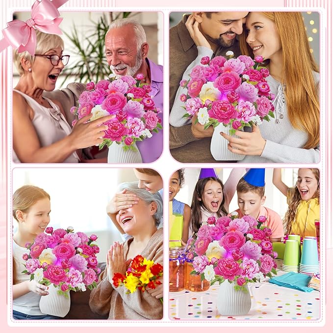 Flower Bouquet Birthday Cards with MUSIC & LIGHTS, 3D Pop Up Greeting Cards, 12 Inch Life Sized Peony Flower Bouquet Mothers Day Cards for Mom Women Sister Daughter Grandma