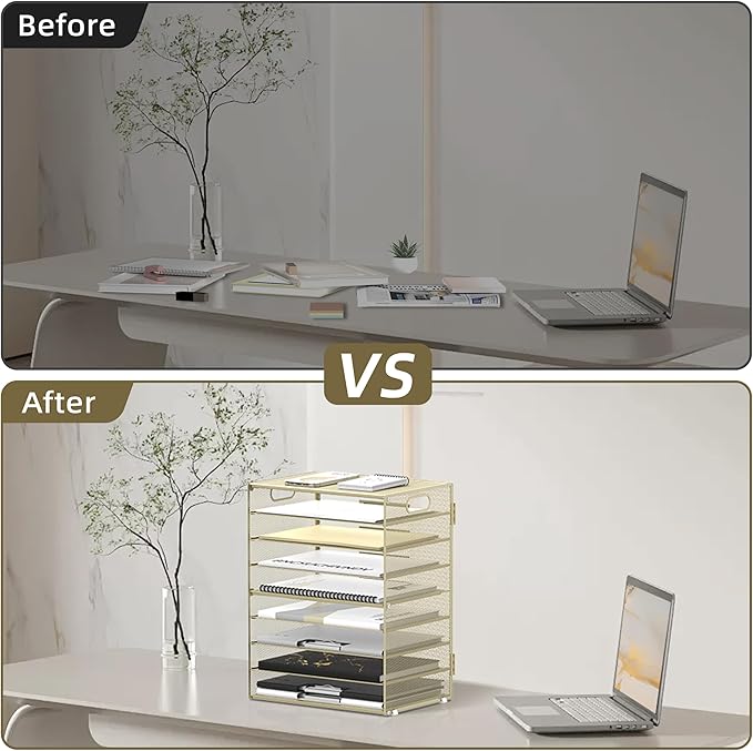 DALTACK 9-Tier Paper Letter Tray Desk Organizer with Handles, Mesh File Holder Organization, File Organizer for Desk Paper Sorter for Office Home School, Golden Yellow