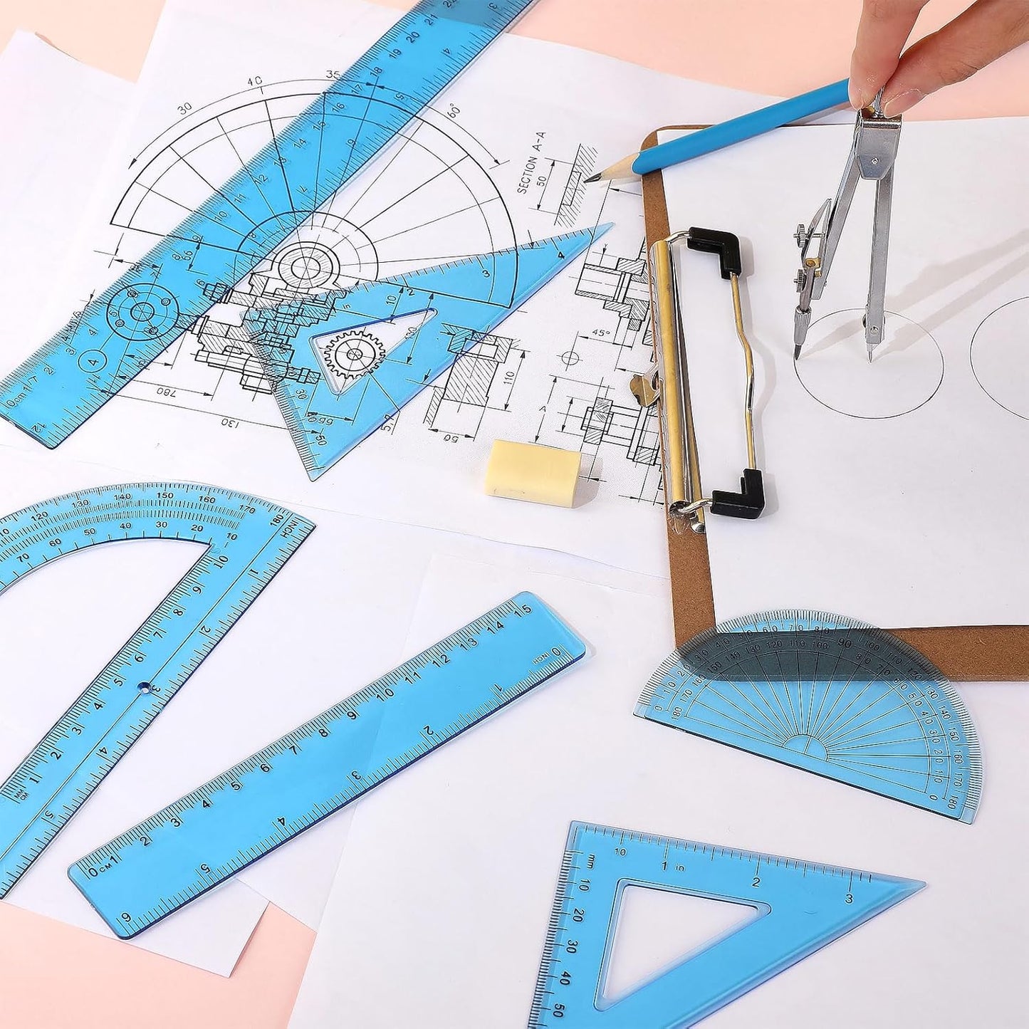 Zonon 1 Set Plastic Geometry Math Set Includes Drawing Compass, 6 Inch 4 Inch Protractor, 45/60 Degree Triangle Rulers 12 Inch 6 Inch Math Ruler Transparent for Office Supplies(Blue)