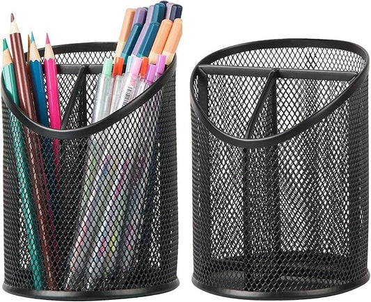 2 Pack Pen Holder Pen Organizer for Desk Mesh Round Pencil Holder Desktop Organizer 3 Compartments Pencil Organizer Desk Organizer for Office Home School, Black