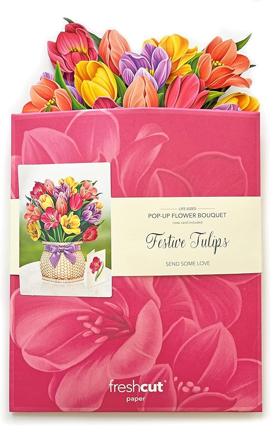 Freshcut Paper Pop Up Cards, Festive Tulips, 12 Inch Life Sized Forever Flower Bouquet 3D Popup Greeting Card, Birthday Cards, Thank You Card, Blank Notecard & Envelope