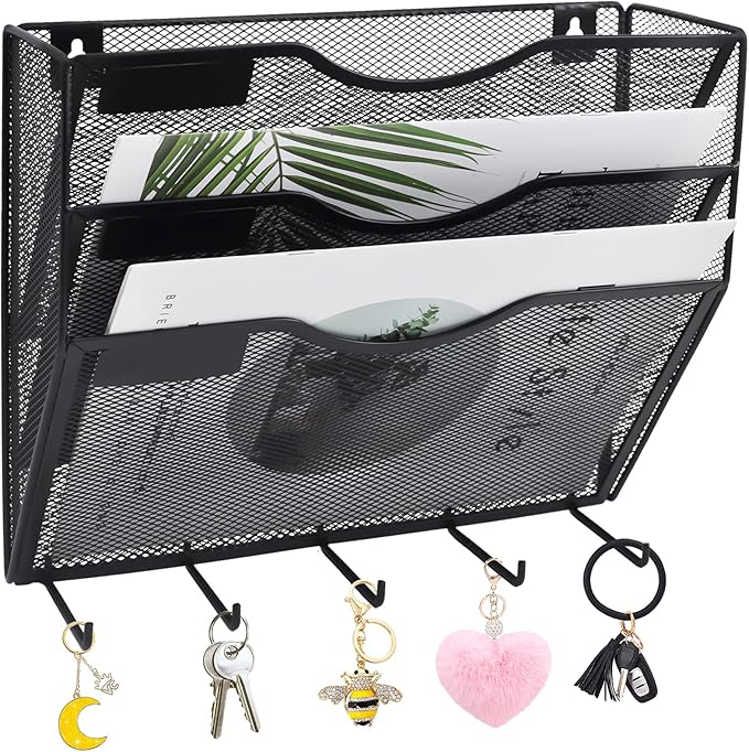 EASEPRES 3 Pocket Mesh Hanging File Organizer with Key Holder Hooks & Nametag Label, Wall Mounted Mail Paper Document Folder Clipboard Storage Organization Magazine Rack for Office Cubicle, Black