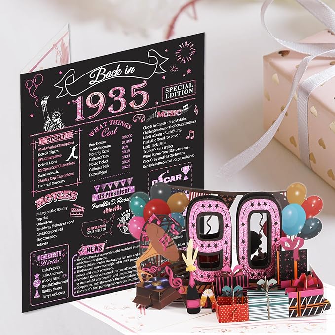 90th Birthday Card for Women, Jumbo 3D Pop Up 90th Birthday Gifts for Mom Grandma, Back In 1935 Happy 90 Year Old Sister Birthday Decorations Cards Card for Her, Rose Gold
