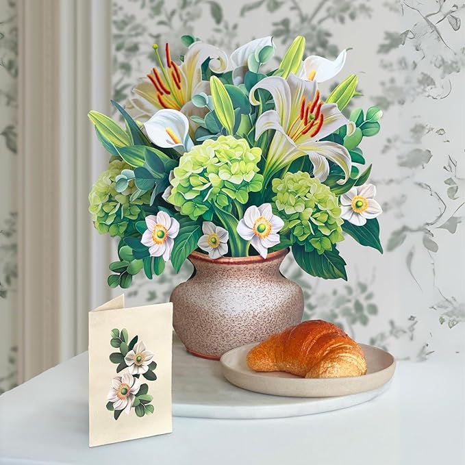 Freshcut Paper Pop Up Cards, Ivory & Sage, 12 Inch Life Sized Forever Flower Bouquet 3D Popup Greeting Card, Birthday Cards, Get Well Gifts, Blank Notecard & Envelope