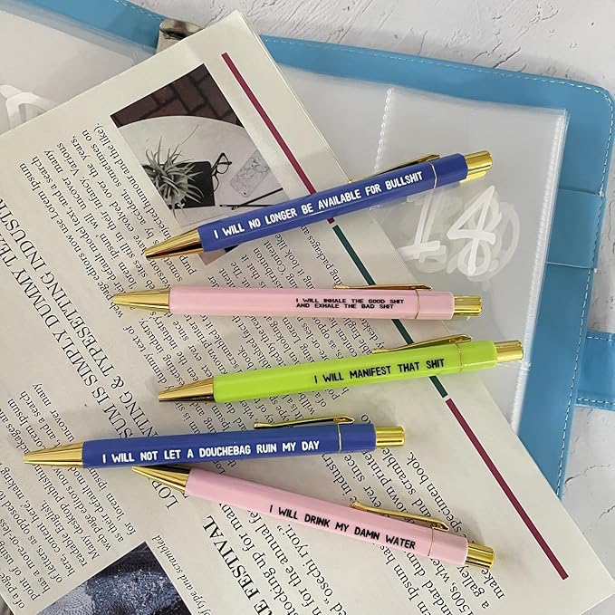 Jxueych Funny Pens 5-Count, Black Ink,Medium Nib 1.0mm, Funny Office Gifts for Coworkers, Personalized Pens Vibrant Funny Quotes Swear Word Daily Pen Set (O)