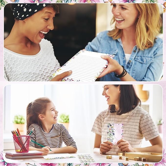 TaoBary 160 Packs Stationery Paper Set (50 Double Sided Stationery Writing Papers 50 Matching Envelopes) 60 Round Dot Sticker, 10 Design(Wildflower,5.5 x 8.25 Inch)